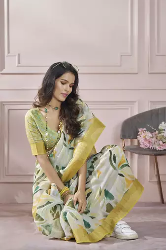 Cream printed modal silk blend saree with blouse