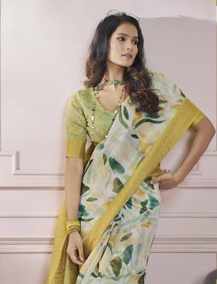 Cream printed modal silk blend saree with blouse 3
