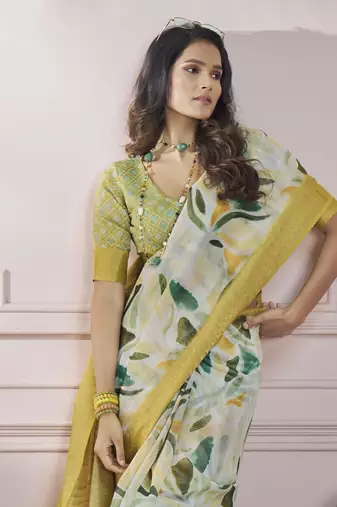 Cream printed modal silk blend saree with blouse