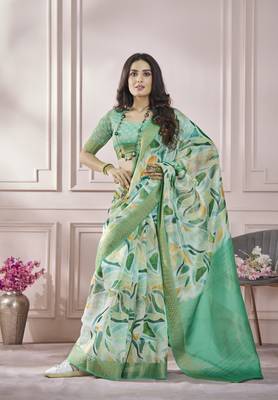 Light green printed modal silk blend saree with blouse 1