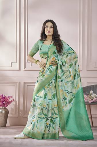 Light green printed pure modal silk saree with blouse