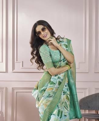 Light green printed modal silk blend saree with blouse 2