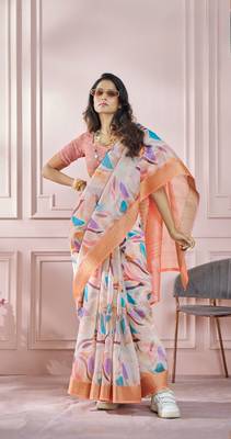 Peach printed modal silk blend saree with blouse 1