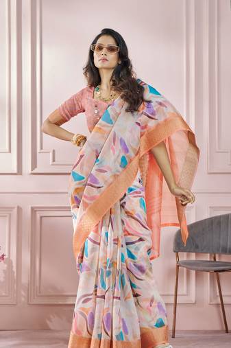 Peach printed pure modal silk saree with blouse