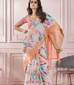 Peach printed modal silk blend saree with blouse