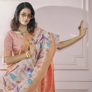 Peach printed modal silk blend saree with blouse 3