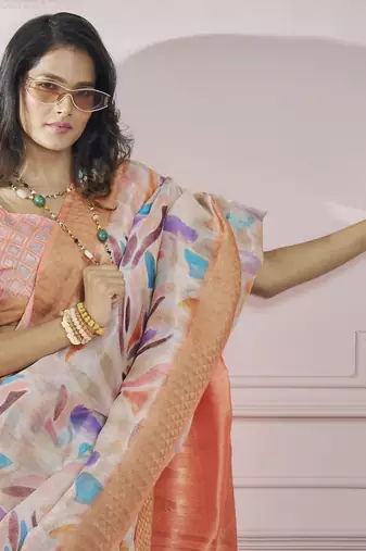 Peach printed modal silk blend saree with blouse