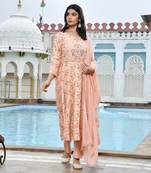 Vaasva women peach cotton anarkali set with solid pant and embroidered dupatta