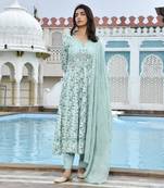 Vaasva women sky blue cotton anarkali set with solid pant and embroidered dupatta