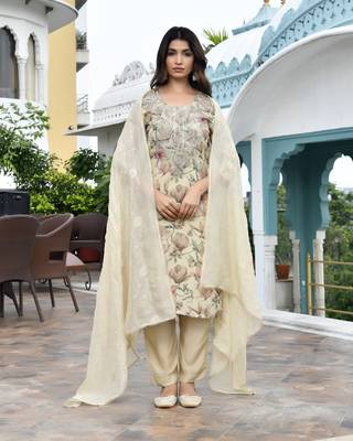 Vaasva women cream tissue embroidered suit set with solid pant and embroidered dupatta 1