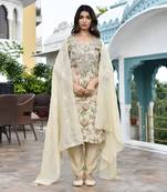 Vaasva women cream tissue embroidered suit set with solid pant and embroidered dupatta