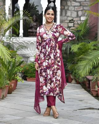 Vaasva women chinon emboidered angrakha anarkali set with solid pant & solid embroidered dupatta 4