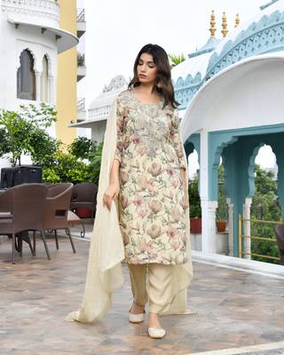 Vaasva women cream tissue embroidered suit set with solid pant and embroidered dupatta 3