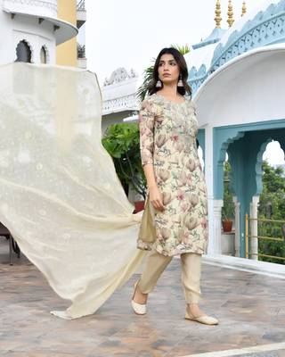 Vaasva women cream tissue embroidered suit set with solid pant and embroidered dupatta 4
