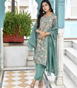 Vaasva women teal tissue embroidered suit set with solid pant and embroidered dupatta