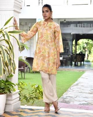 Vaasva women lemon yellow organza digital printed cord set 1