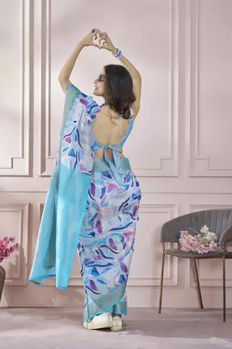 Sky blue printed modal silk blend saree with blouse