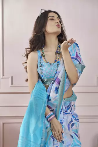 Sky blue printed modal silk blend saree with blouse