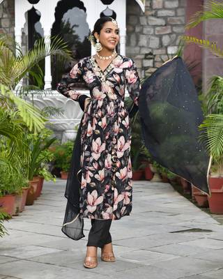 Vaasva women chinon emboidered angrakha anarkali set with solid pant & solid embroidered dupatta 4