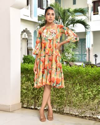 Vaasva women orange cotton embroidered& digital printed dress 1
