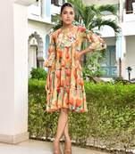 Vaasva women orange cotton embroidered& digital printed dress