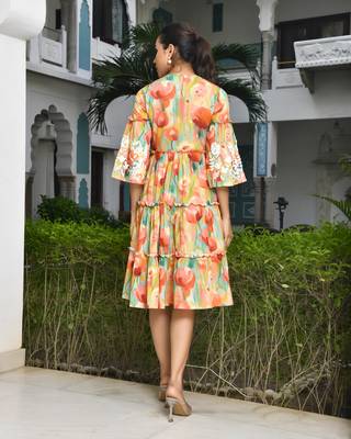 Vaasva women orange cotton embroidered& digital printed dress 2