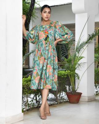 Vaasva women teal musline viscose digital printed dress 1