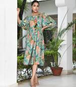 Vaasva women teal musline viscose digital printed dress