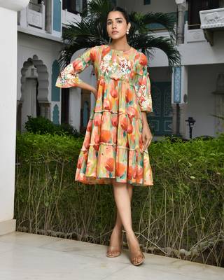 Vaasva women orange cotton embroidered& digital printed dress 4