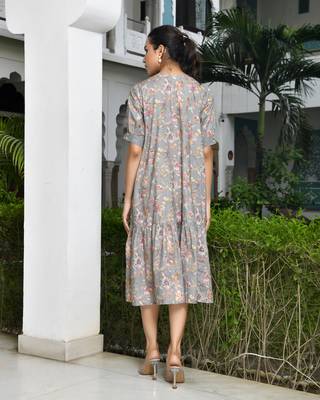 Vaasva women grey cotton digital printed embroidered placket dress 2