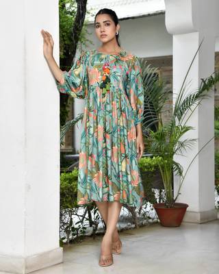 Vaasva women teal musline viscose digital printed dress 3