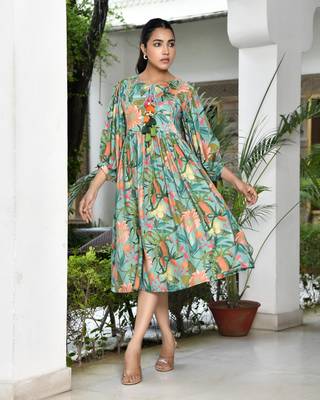 Vaasva women teal musline viscose digital printed dress 4