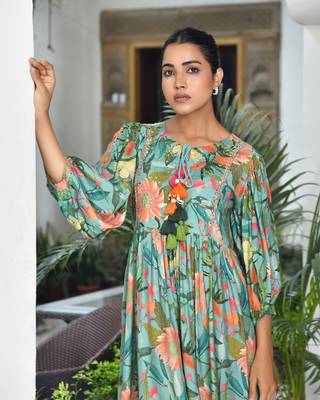 Vaasva women teal musline viscose digital printed dress 5
