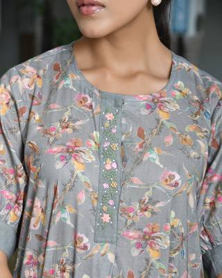 Vaasva women grey cotton digital printed embroidered placket dress 5
