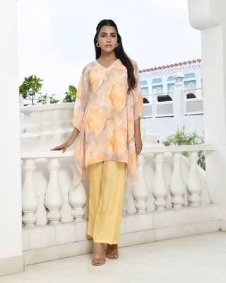 Vaasva women lemon georgette marble print kaftan pant set 1
