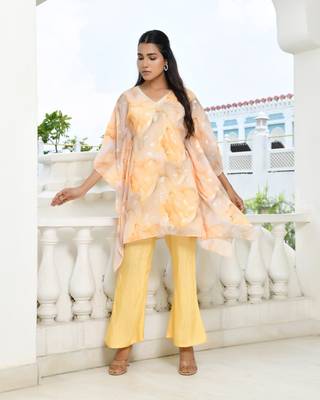 Vaasva women lemon georgette marble print kaftan pant set 3