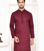 cotton blend vertical design with sequins maroon kurta for men