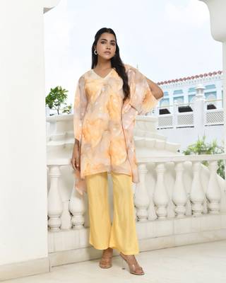 Vaasva women lemon georgette marble print kaftan pant set 4