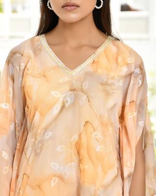 Vaasva women lemon georgette marble print kaftan pant set 5