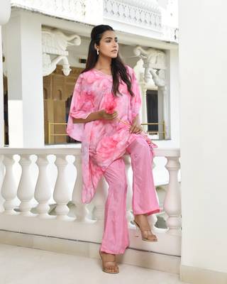 Vaasva women pink georgette marble print kaftan pant set 3