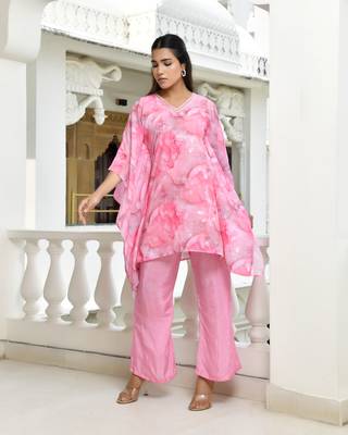 Vaasva women pink georgette marble print kaftan pant set 4