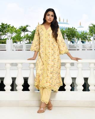 Vaasva women yellow cotton printed kurta pant set 1
