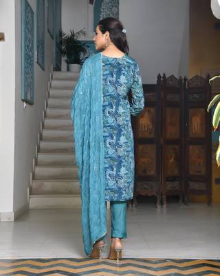 Vaasva women teal crepe embroidered suit set 2