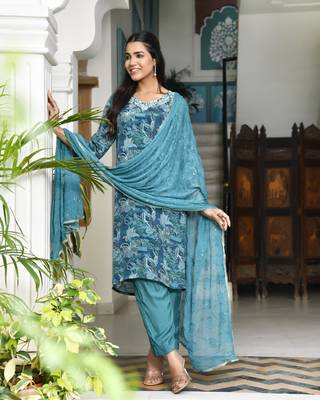 Vaasva women teal crepe embroidered suit set 3