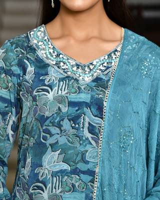 Vaasva women teal crepe embroidered suit set 5