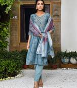 Vaasva women chanderi printed suit set with pant and printed dupatta
