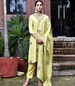 Vaasva women tissue silk emboidered suit set with solid pant & solid embroidered dupatta