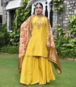 Vaasva women silk mustard emboidered solid kurta, sharara & dupatta set