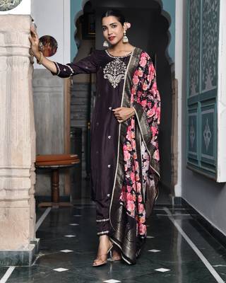 Vaasva women silk emboidered solid pant set & digital printed dupatta 4
