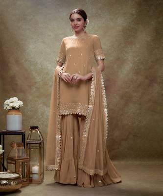 Beige fawn mirror work gota  kurta sharara set 1